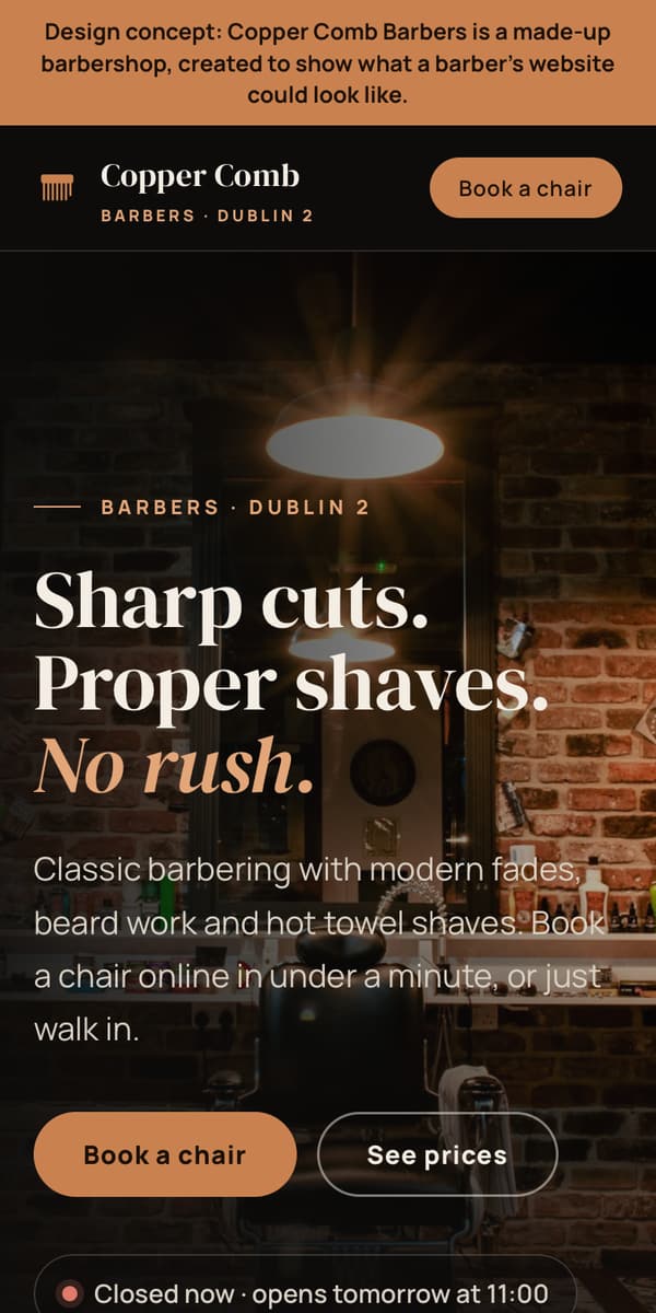 Phone screenshot of the Copper Comb Barbers sample site